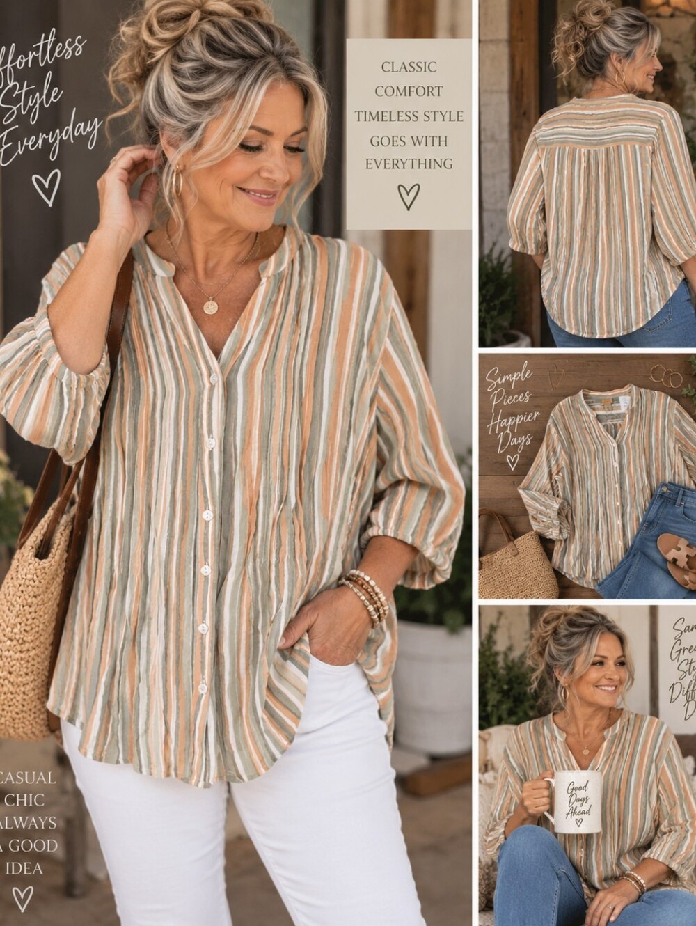 Ruby Rd. XL Striped Button Front Blouse Peach Sage Relaxed Boho Top